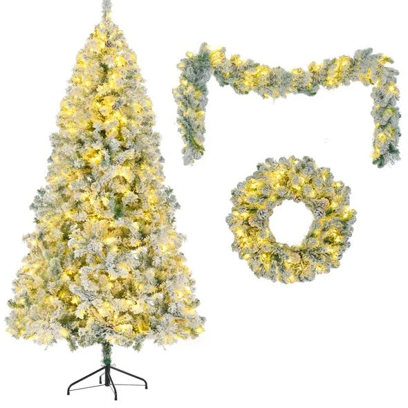 6FT Snow Flocked Christmas Tree  Pre Lit Set With Tree   Garland  Wreath,Artificial Hinged Xmas Tree With Colorful LED Lights8 Lighting Modes, Pine Cones