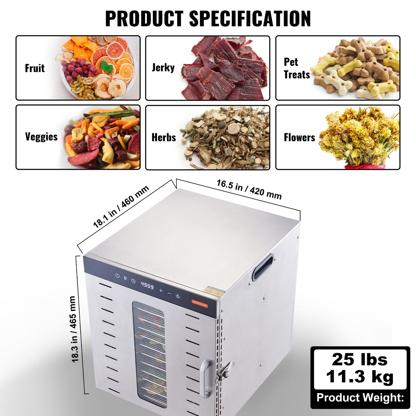 VEVOR Food Dehydrator Machine, 10 Stainless Steel Trays, 1000W Electric Food Dryer With Digital Adjustable Timer & Temperature For Jerky, Herb, Meat, Beef, Fruit, Dog Treats And Vegetables