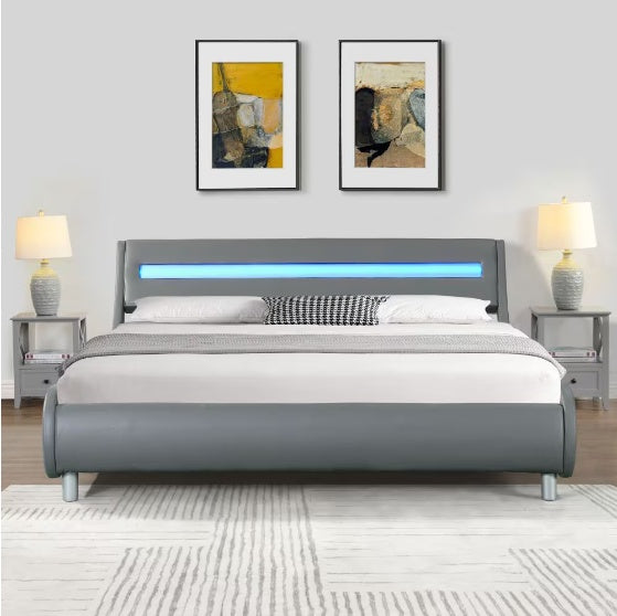 Bed Frame With Upholstered Platform In Faux Leather With LED Lighting