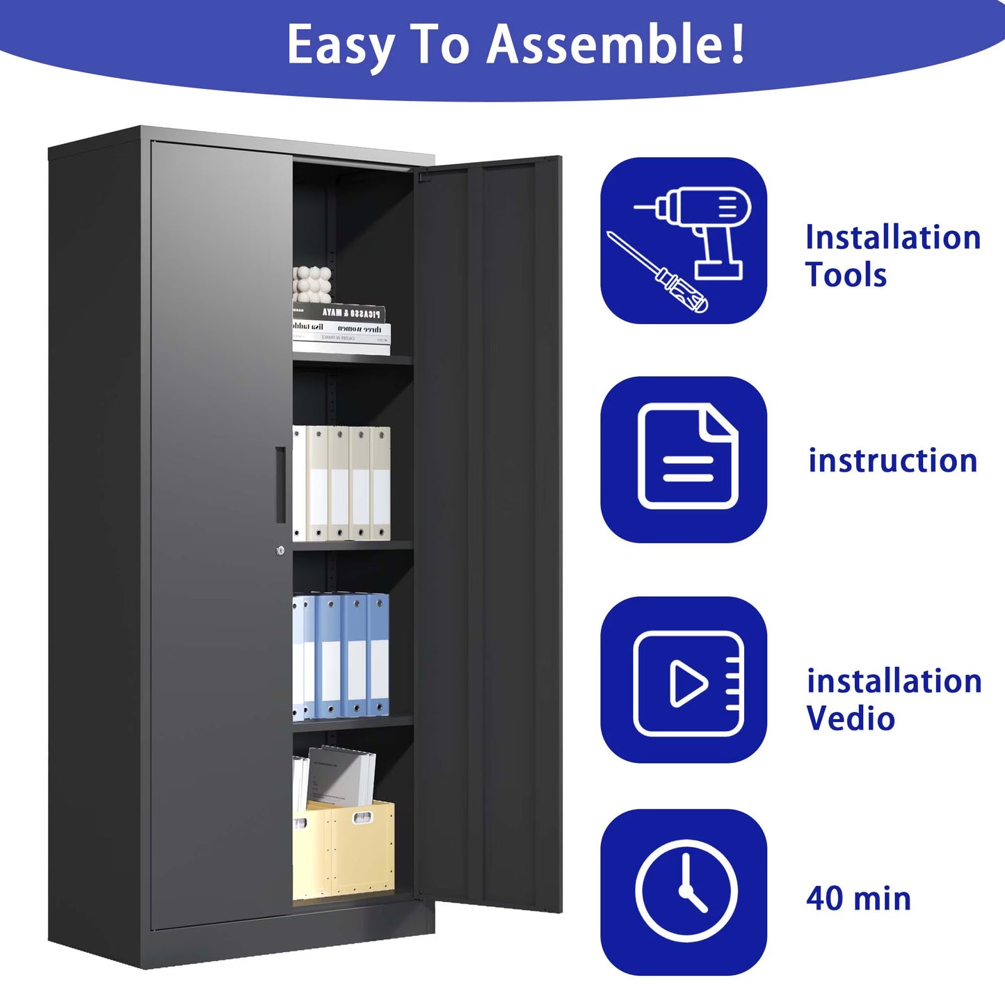 71 Inch H Metal Garage Storage Cabinet, Black Tool Steel Locking Cabinet With Doors And 3 Shelves, Tall Cabinets For Garage Storage Systems Lockable File Cabinet For Home Office, Classroom Pantry