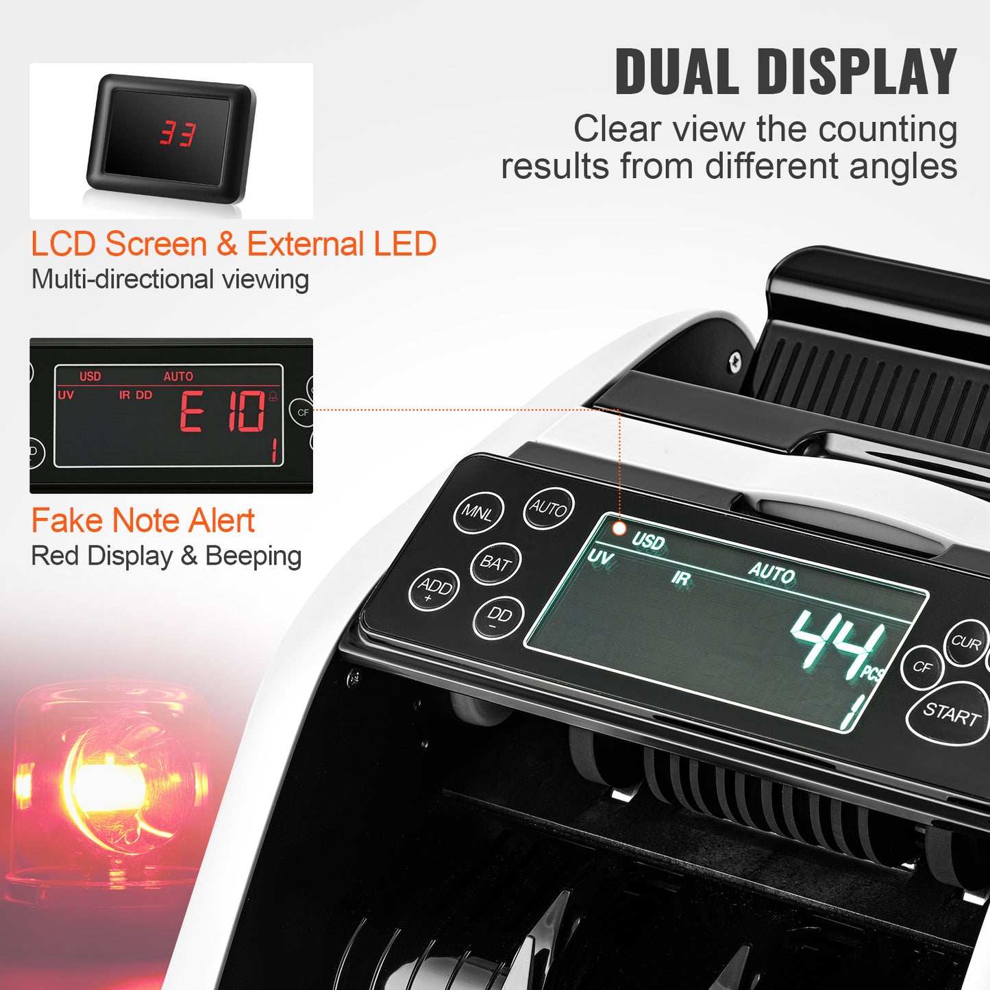 VEVOR Money Counter Machine, Bill Counter With UV, MG, IR And DD Counterfeit Detection, USD & EUR Cash Counting Machine With Large LCD & External Display For Small Business