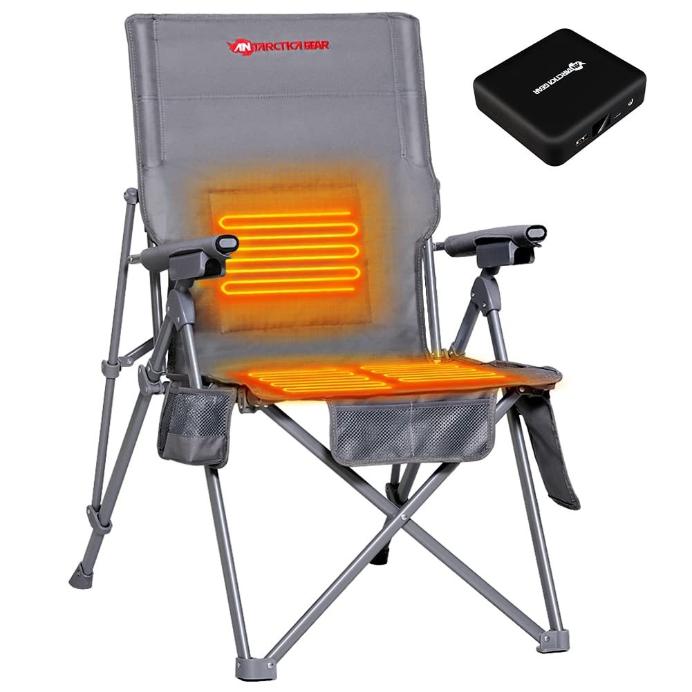 Antarctica Gear Heated Camping Chair With 12V 16000mAh Battery Pack, Heated Portable Chair, Perfect For Camping, Outdoor Sports, Hunting, And Beach Party, With 5 Pockets