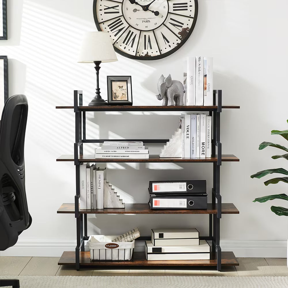 Industrial 4-tier Bookshelves, Metal And Wood Bookshelves, Open Widescreen Display Storage Bookshelves