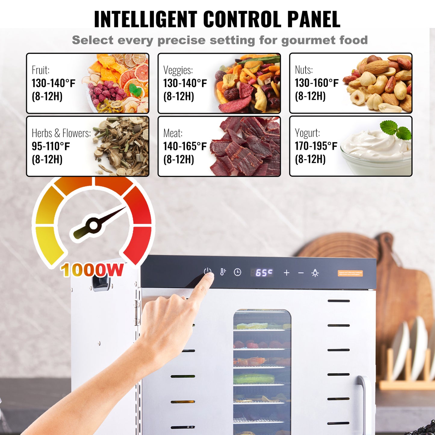 VEVOR Food Dehydrator Machine, 10 Stainless Steel Trays, 1000W Electric Food Dryer With Digital Adjustable Timer & Temperature For Jerky, Herb, Meat, Beef, Fruit, Dog Treats And Vegetables