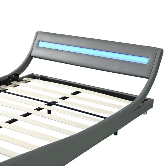 Bed Frame With Upholstered Platform In Faux Leather With LED Lighting