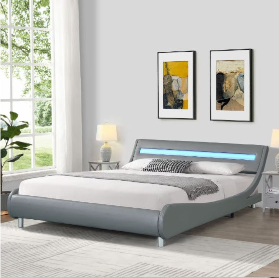 Bed Frame With Upholstered Platform In Faux Leather With LED Lighting