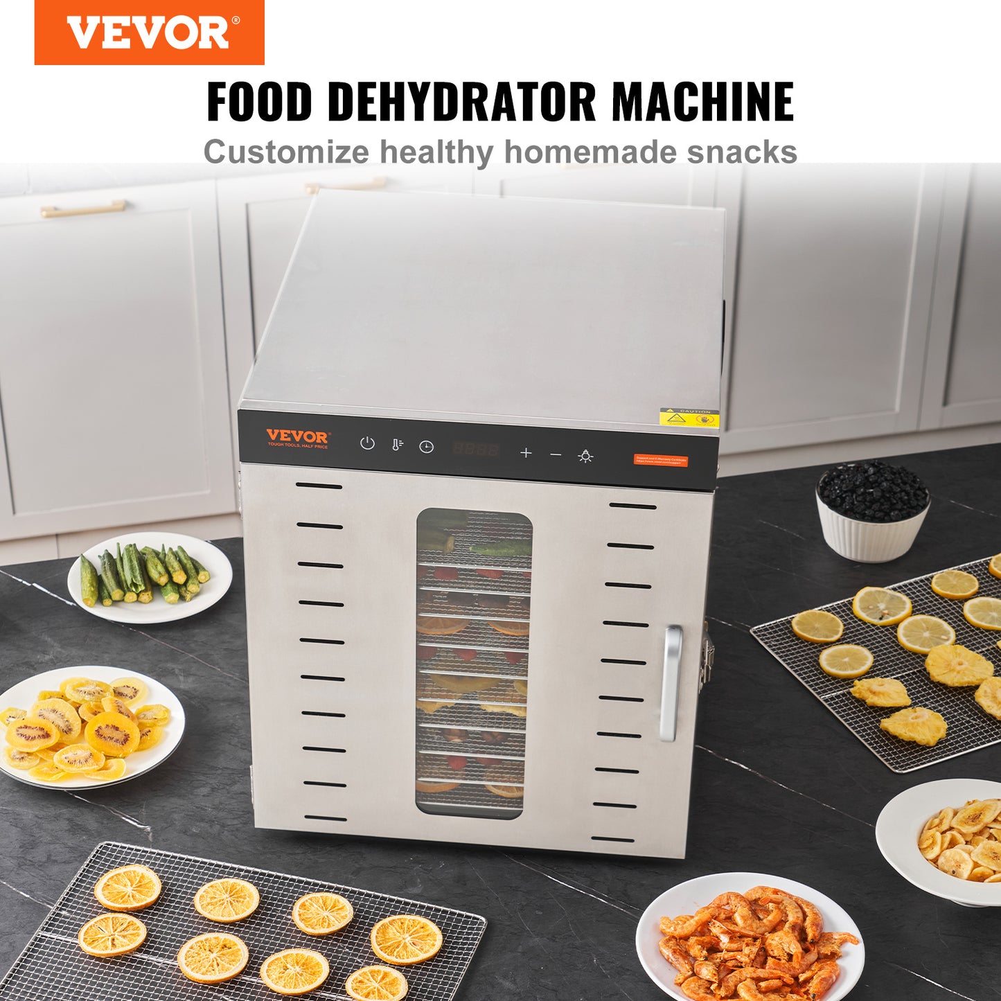 VEVOR Food Dehydrator Machine, 10 Stainless Steel Trays, 1000W Electric Food Dryer With Digital Adjustable Timer & Temperature For Jerky, Herb, Meat, Beef, Fruit, Dog Treats And Vegetables