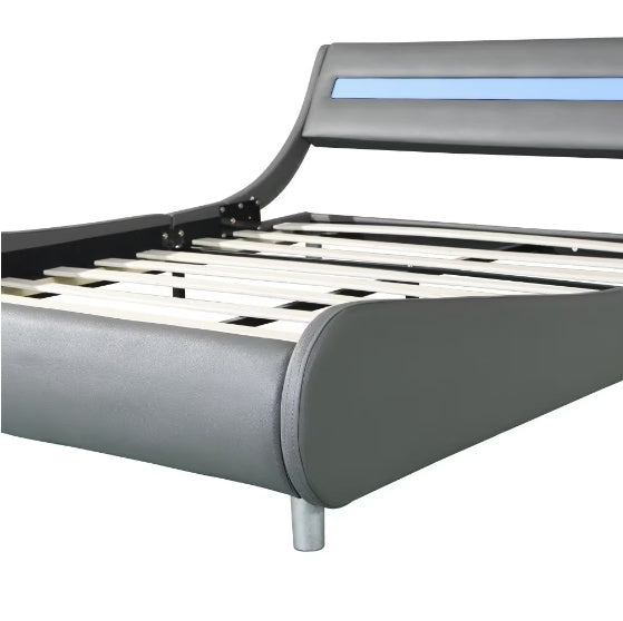 Bed Frame With Upholstered Platform In Faux Leather With LED Lighting