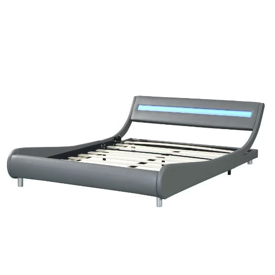 Bed Frame With Upholstered Platform In Faux Leather With LED Lighting