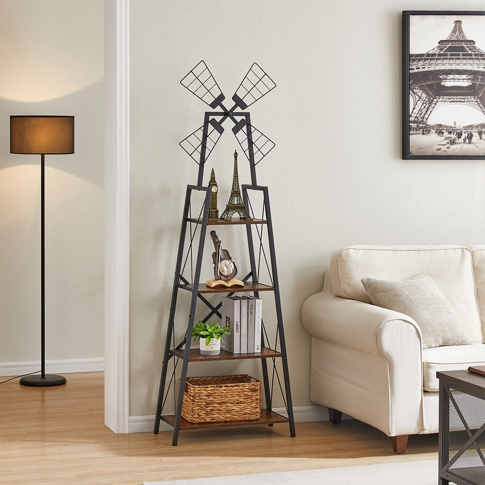 4-Tier Bookshelf,Display Storage Shelves With Metal Frame,Bookcase Organizer With Windmill For Living Room,Home Office